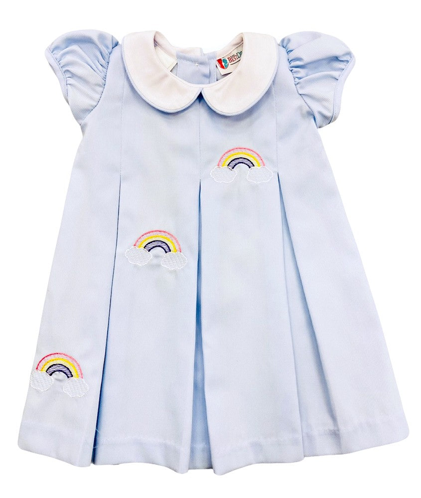 The Best Dressed Child Girls Dana Dress - Blue with Embroidered Rainbows by Best Dressed Child