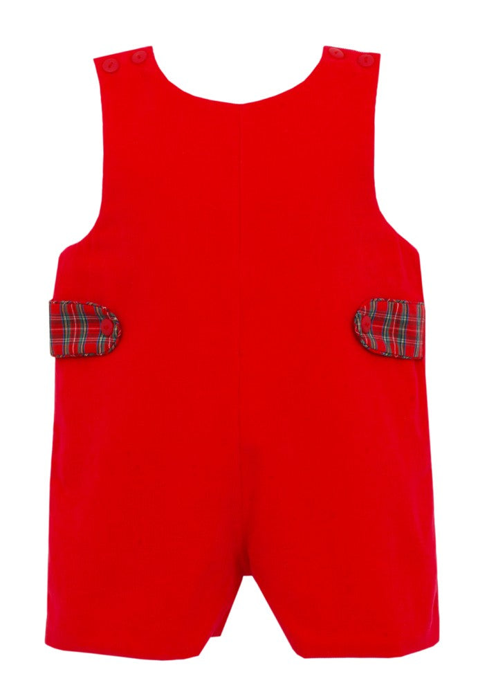 Petit Bebe Baby / Toddler Boys Red Corduroy Jon Jon with Holiday Plaid Trim