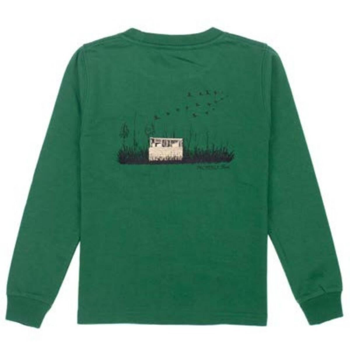 Properly Tied Tee Shirt - Logo Pocket - Back Graphic - Duck Blind on Spruce Green - Long Sleeves by Properly Tied