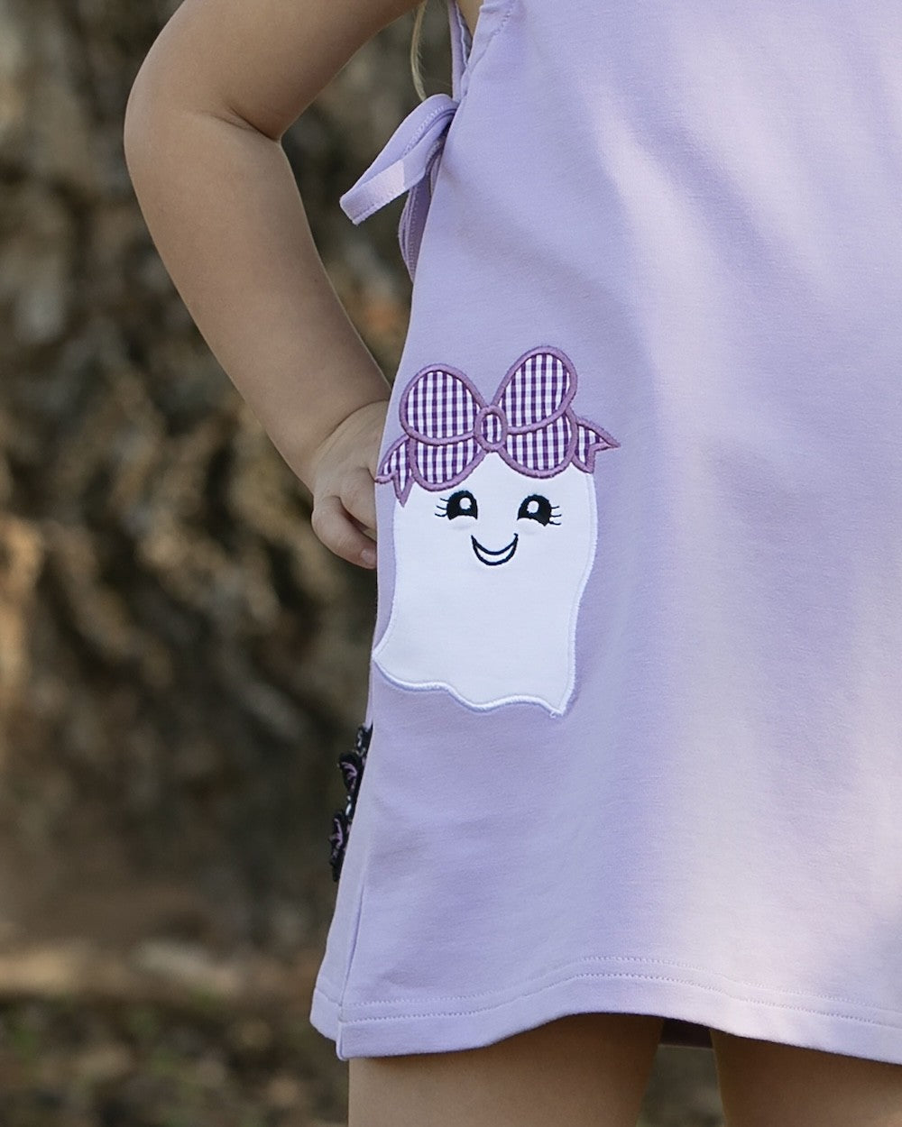 Yellow Lamb Girls Emma Boo Bow Jumper Dress - Lavender with Halloween Ghost Pockets