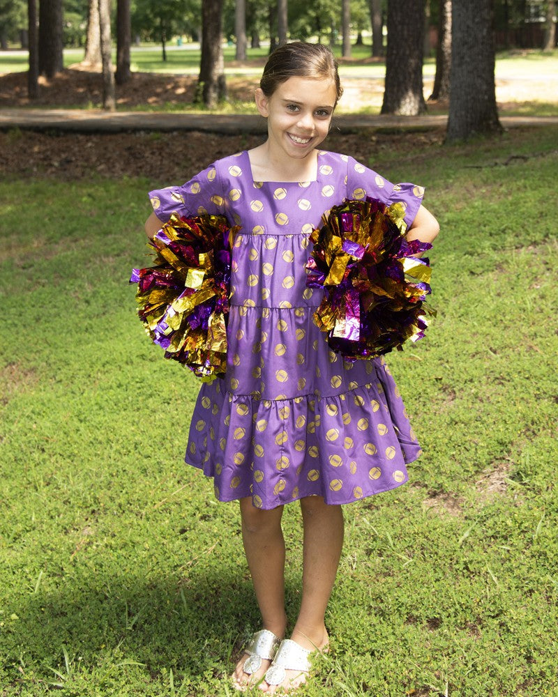 Yellow Lamb Girls Game Day Tiered Dress - Gold Footballs - Purple & Gold