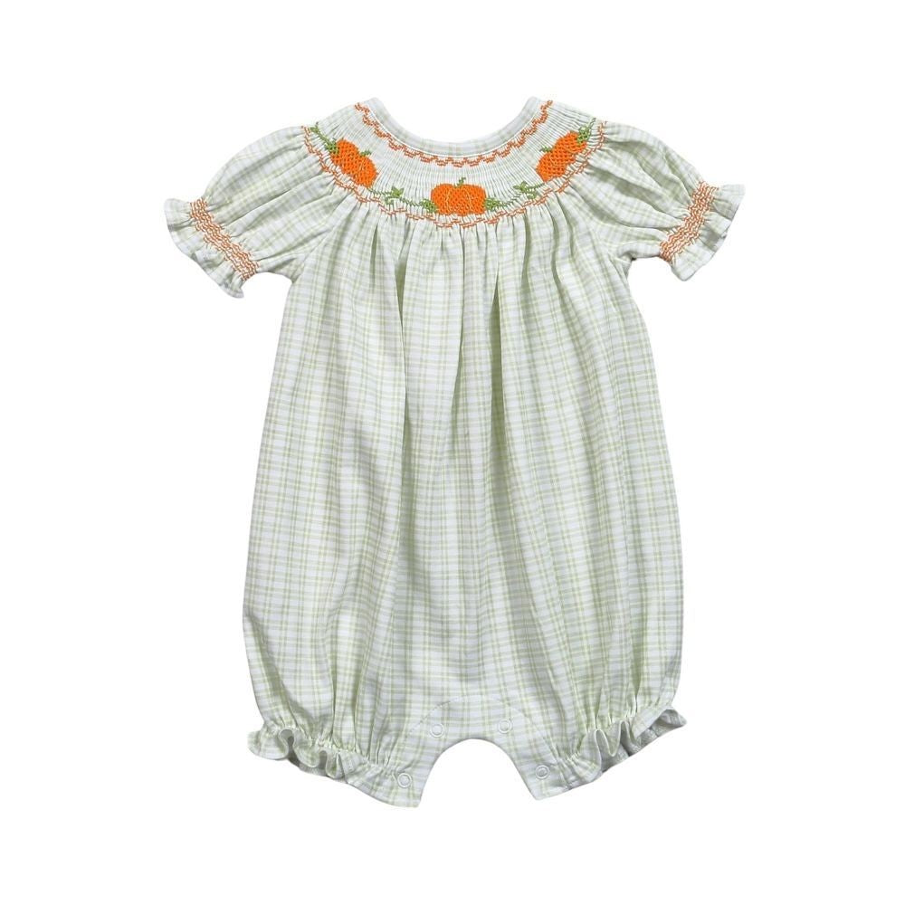 Baby Loren Girls Green Pima Bubble - Smocked Pumpkins by Baby Loren