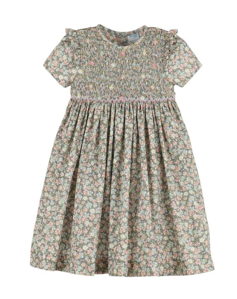 Luli & Me Girls Forest Green Floral Dress - Fully Smocked Bodice