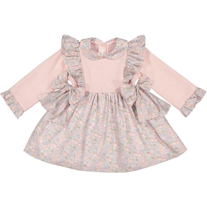 Sal & Pimenta Girls Dress - Pink Knit Tuilleries Liberty Print Pinafore with Bows