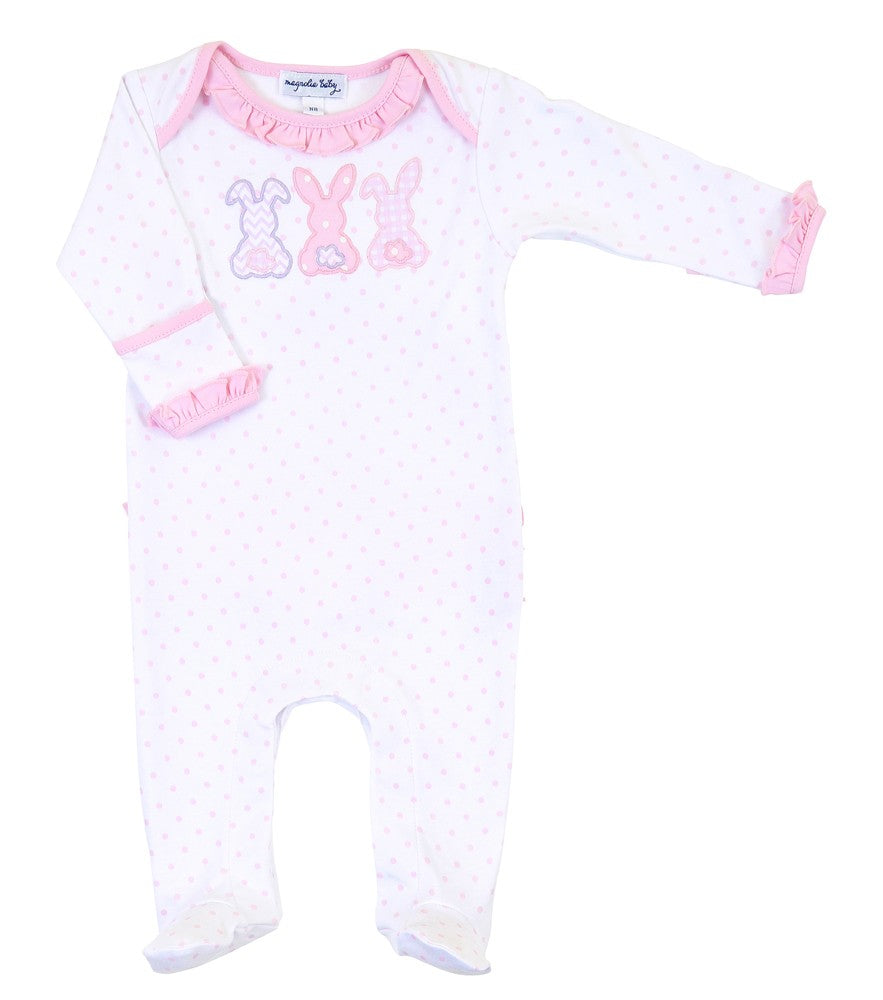 Magnolia Baby Girls Bunny Trio Applique Ruffle Lap Footie - Pink