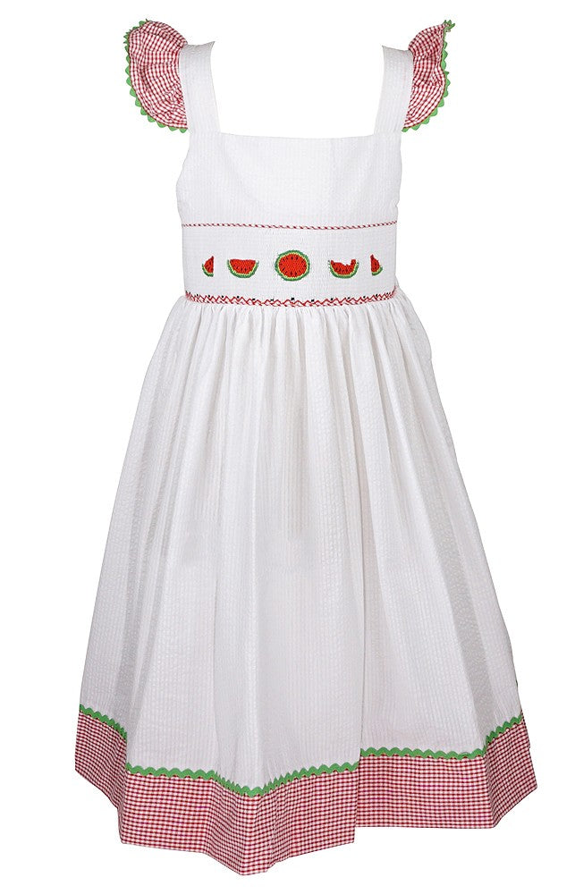 The Best Dressed Child Girls White / Red Gingham Smocked Watermelons Sun Dress