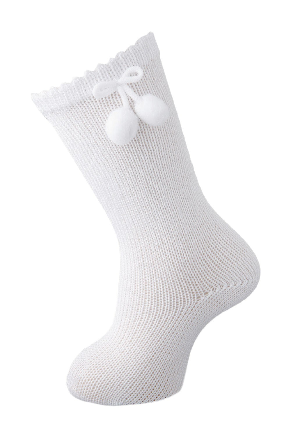 Carlomagno Socks - Girls Scottish Yarn Knee High Socks with Pom Poms - White
