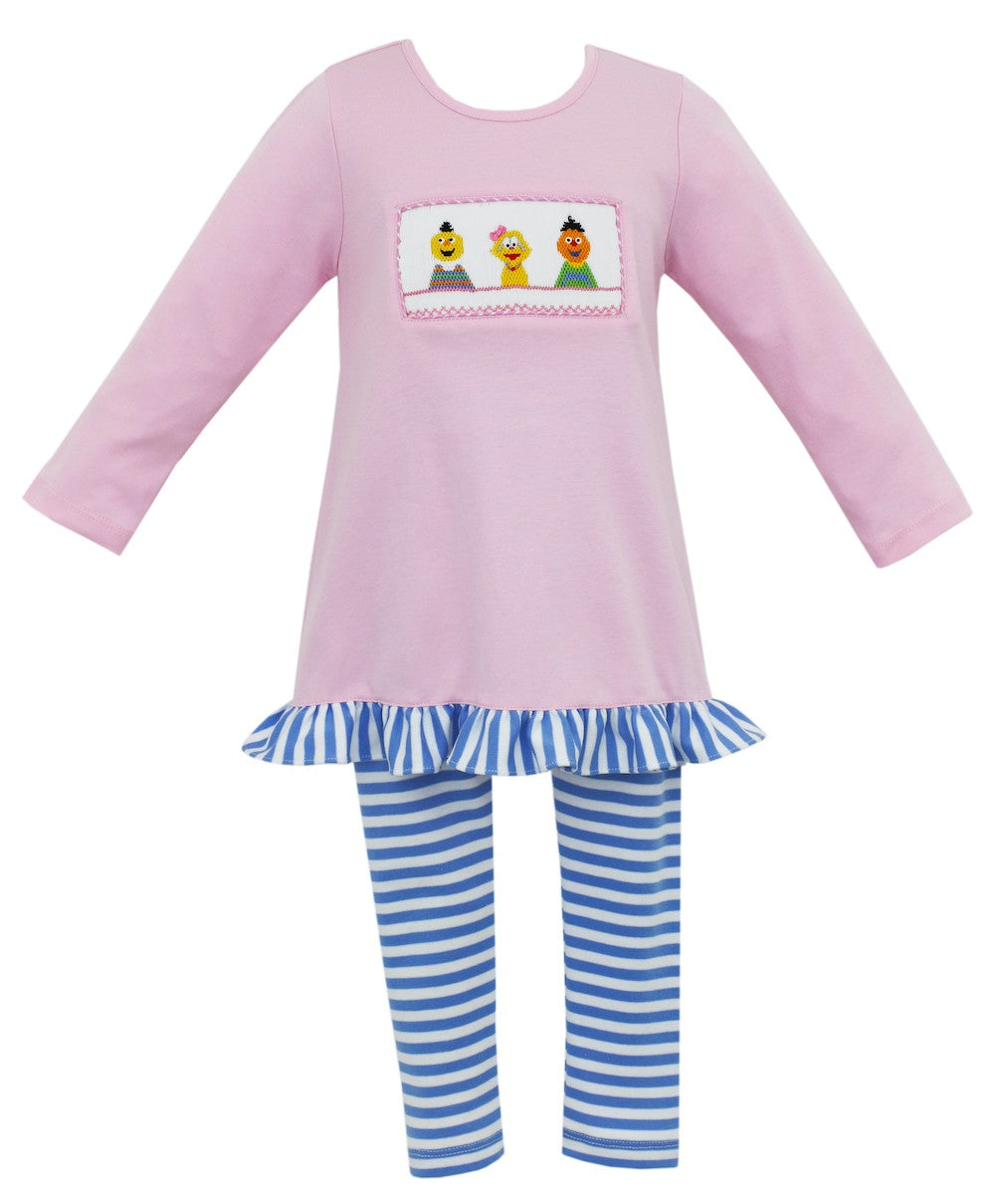 Anavini Girls Blue Striped Leggings Set - Pink Smocked Sesame Street Muppets Top