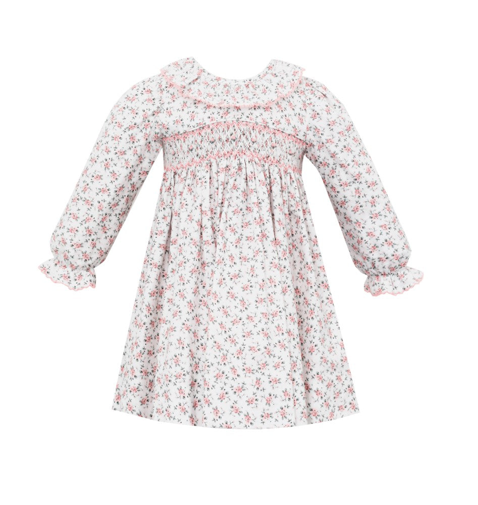 Petit Bebe Girls Pink Floral Smocked Dress - Long Sleeves by Petit Bebe