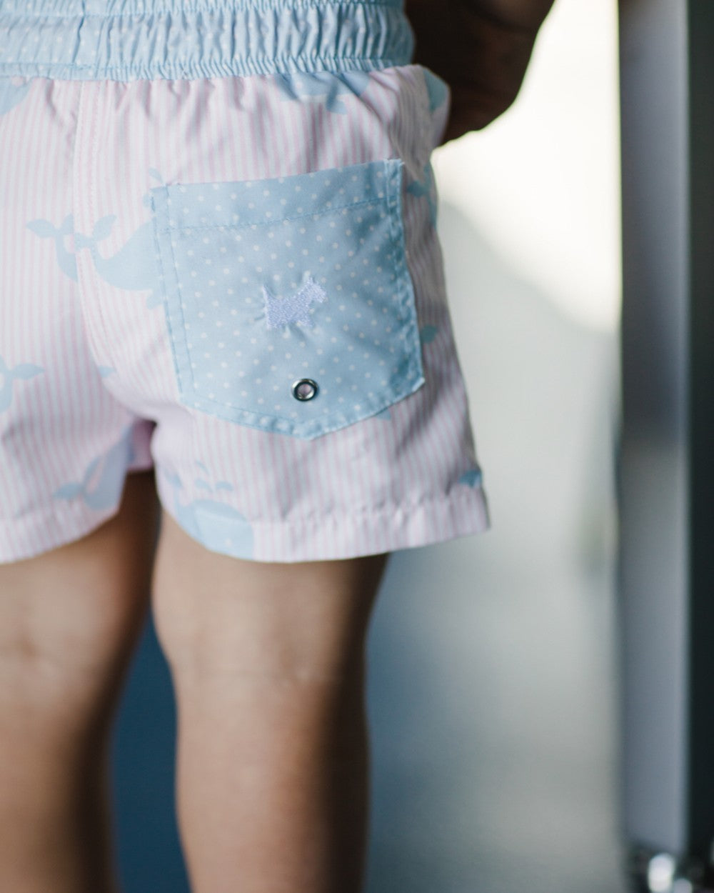 Sal & Pimenta Boys Swim Trunks - Think Big Pink with Blue Whales - Pocket on Back