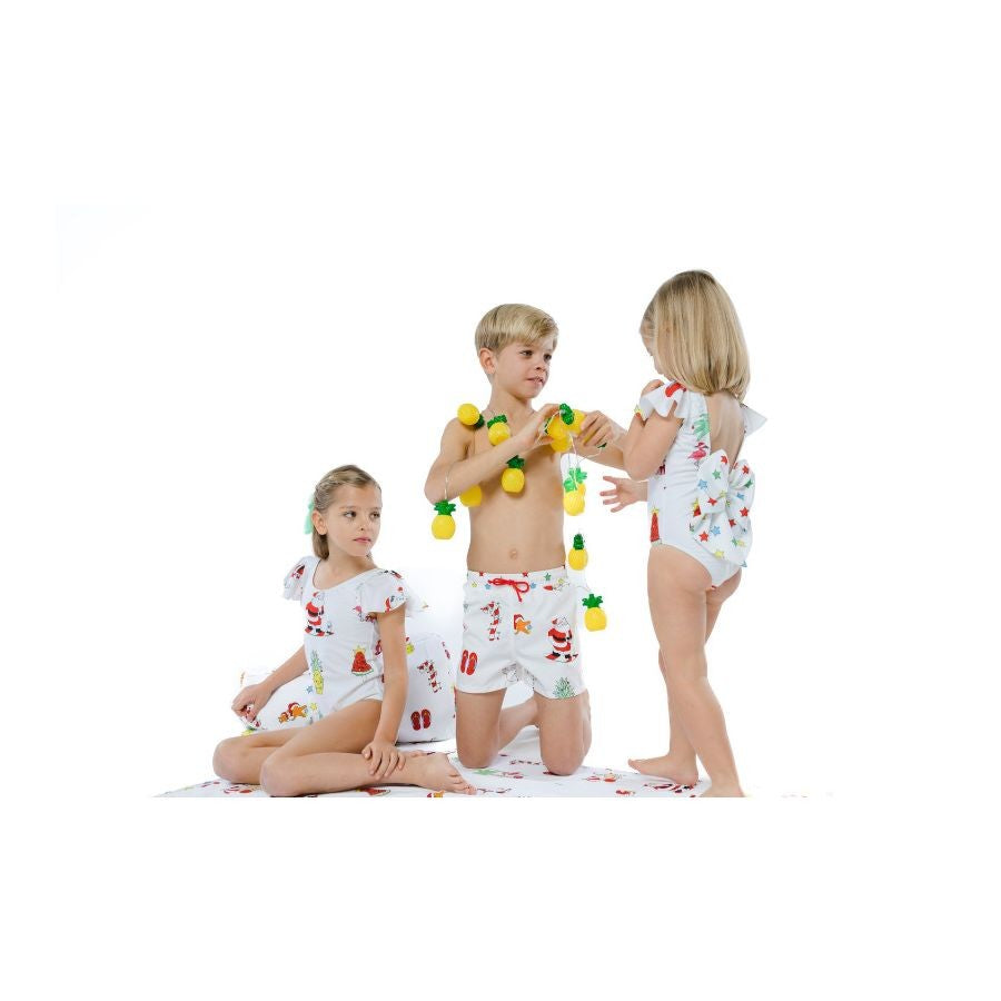 Sal & Pimenta Girls Swimsuit - Bow on Back - Santa on Christmas Holiday - White