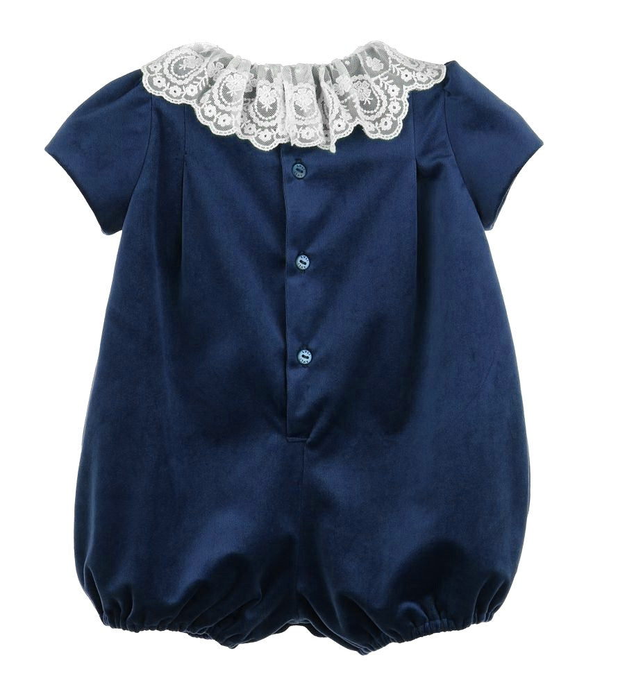 Luli & Me Girls Deluxe Velvet Bubble with Lace Collar - Navy Blue