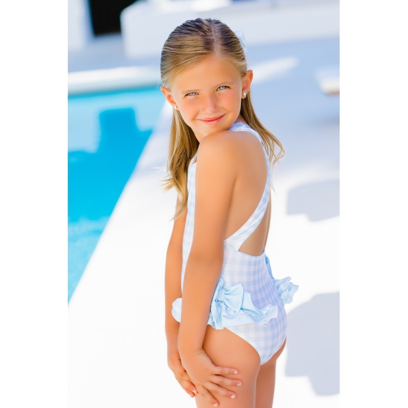 Sal & Pimenta Girls Swimsuit - Bows on Hips - Light Blue Gingham