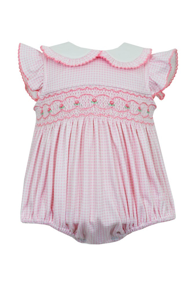 Petit Bebe Knits Baby Girls Pink Gingham Bubble - Smocked - White Collar by Petit Bebe