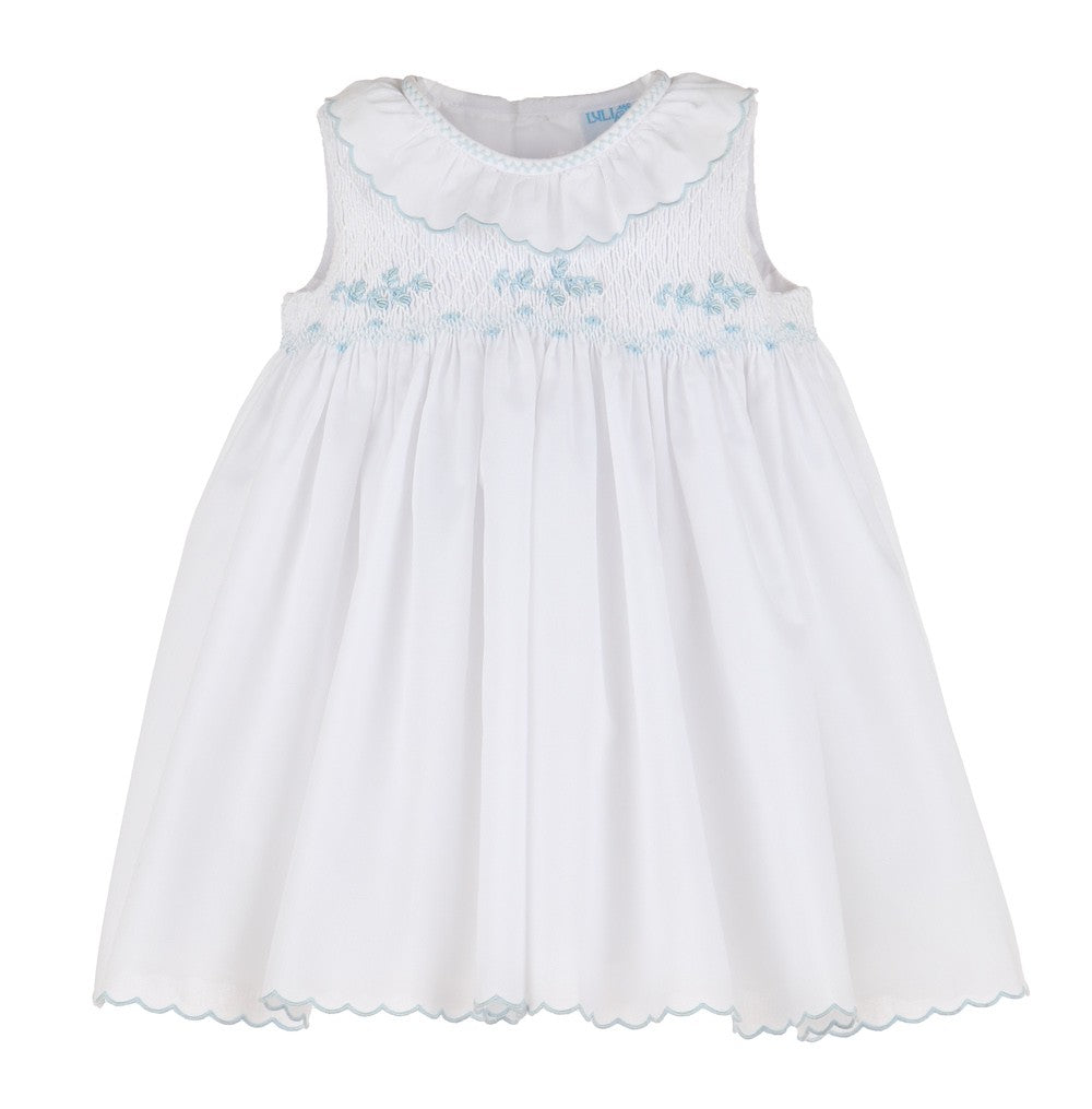 Luli & Me Girls White Scallop Sleeveless Dress - Smocked in Blue