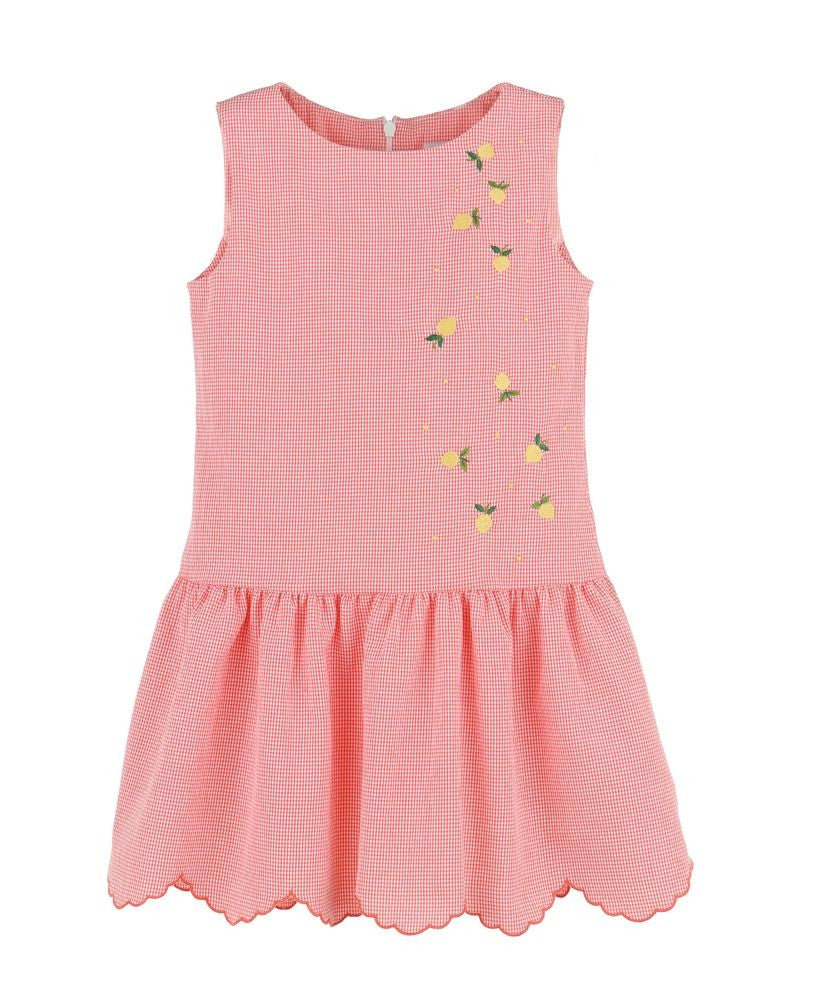 Luli & Me Girls Coral Check Scallop Dress - Embroidered Lemons