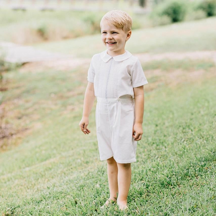 Feltman Brothers Baby / Toddler Boys Ivory Vintage Button On Suit - Blue Embroidery