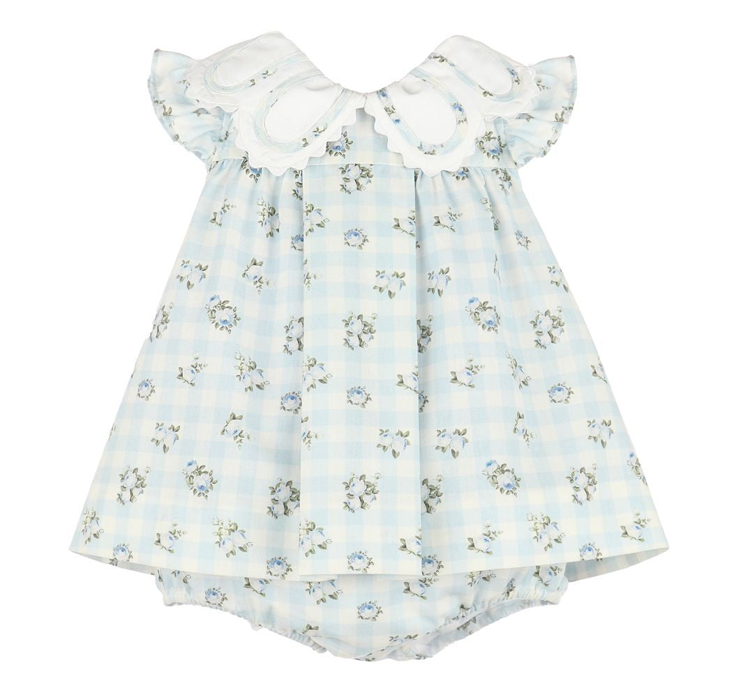 Sophie & Lucas Girls Blue Check Floral Dress with Petal Collar