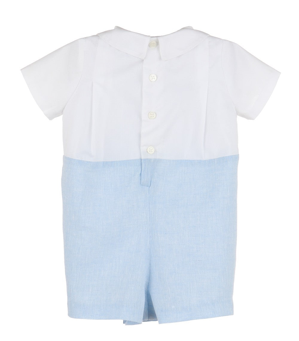 Luli & Me Baby Boys Two Tone Romper - Light Blue Bottom with White Top Smocked in Blue by Luli & Me