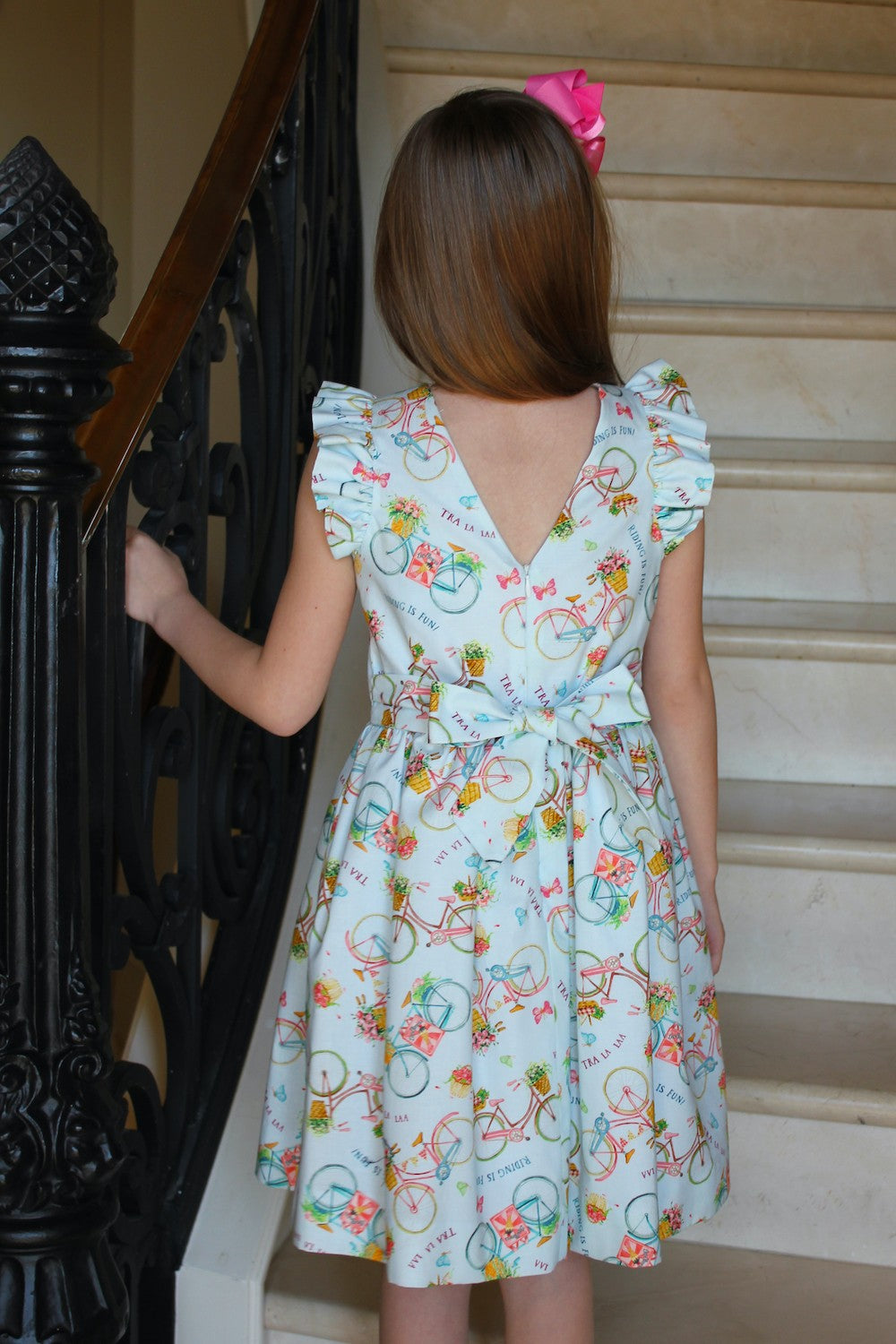 Susanne Lively Girls Blue Country French Bicycle Print Dress - V-Back and Sash