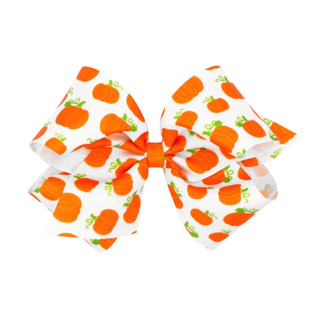 Wee Ones Girls Harvest Theme Printed Grosgrain Bow - Orange Pumpkins