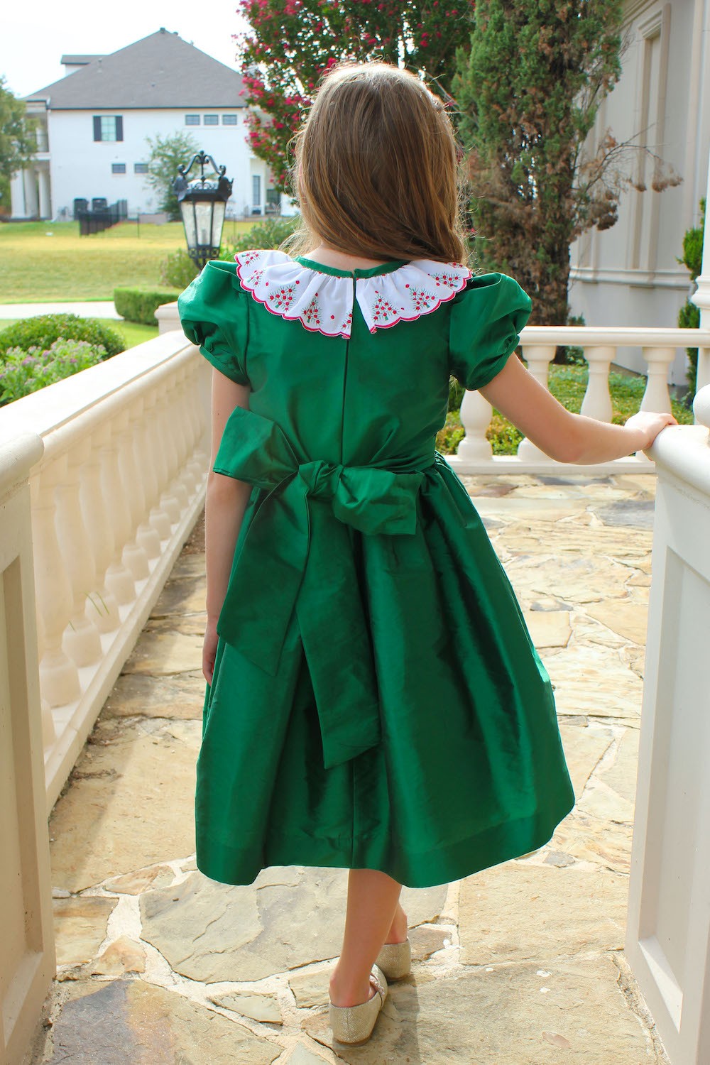 Susanne Lively Girls Emerald Green Dress - Embroidered Christmas Trees Ruffle Collar
