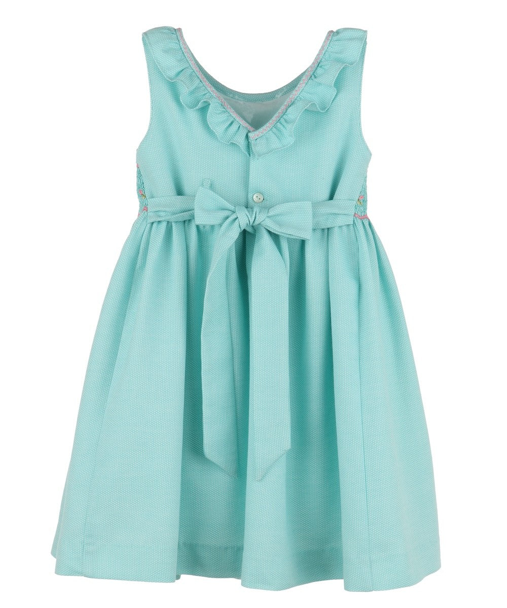 Luli & Me Girls Sunny Vibrant Smocked Sleeveless Dress with Sash - Aqua by Luli & Me