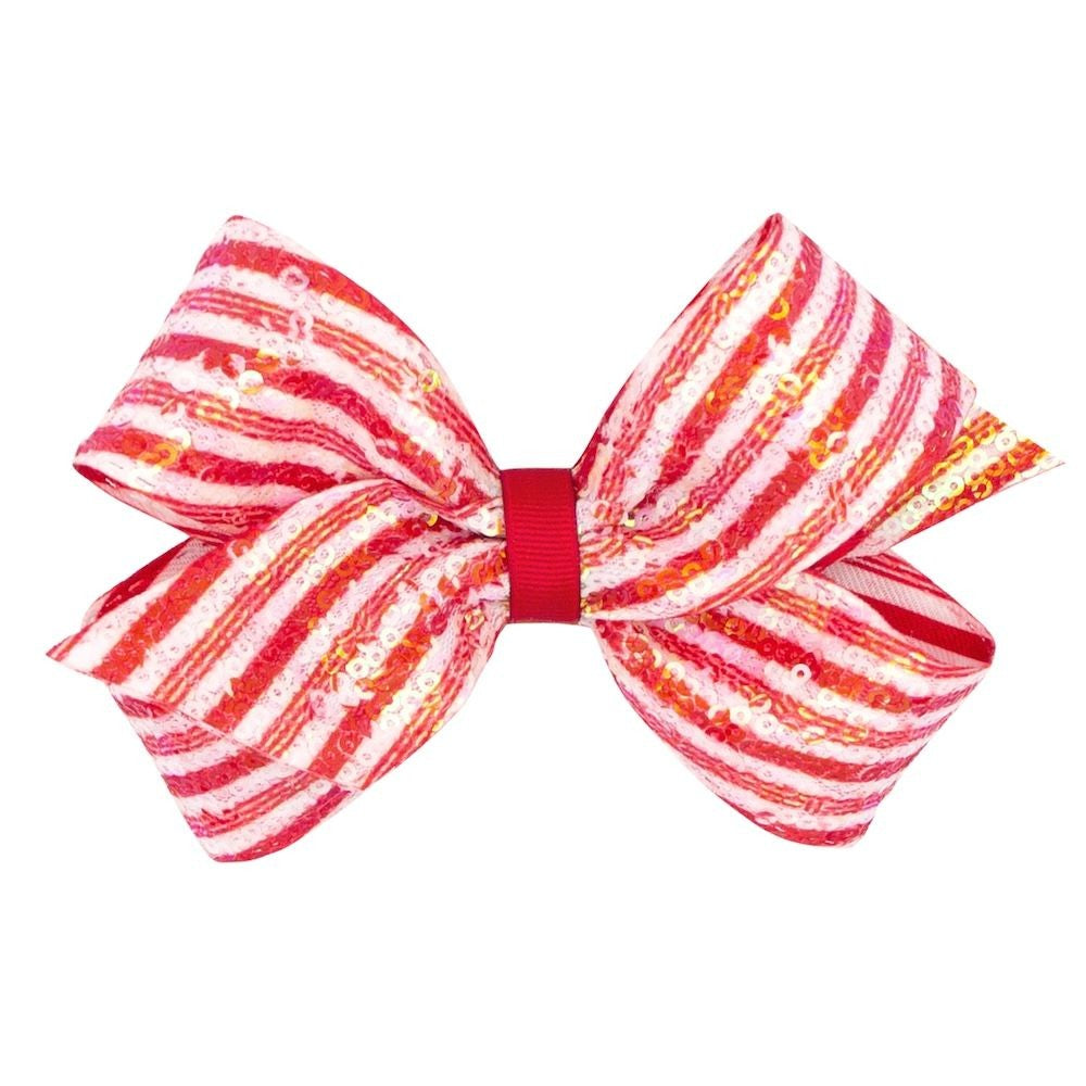Wee Ones Girls Hair Bow on Clip - Red & White Sequin Candy Cane Stripes