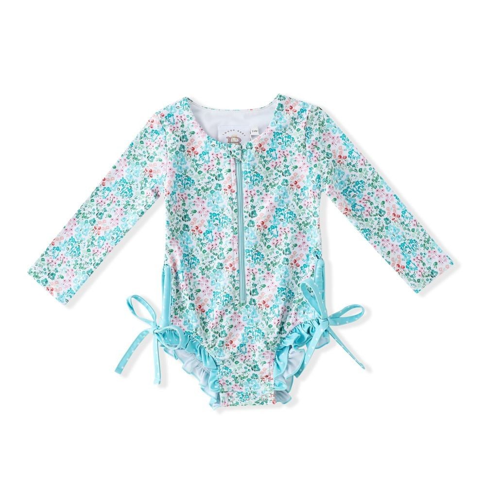 Swoon Baby Girls UPF 50 Zip Front Rash Guard Swimsuit - Blue Floral