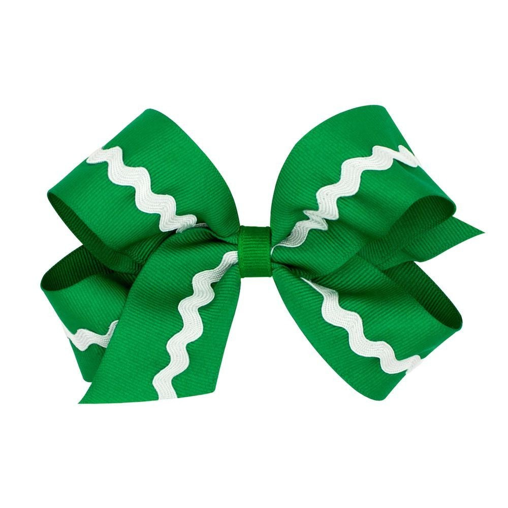 Wee Ones Girls Grosgrain Bow - Green with White Rick Rack by Wee Ones
