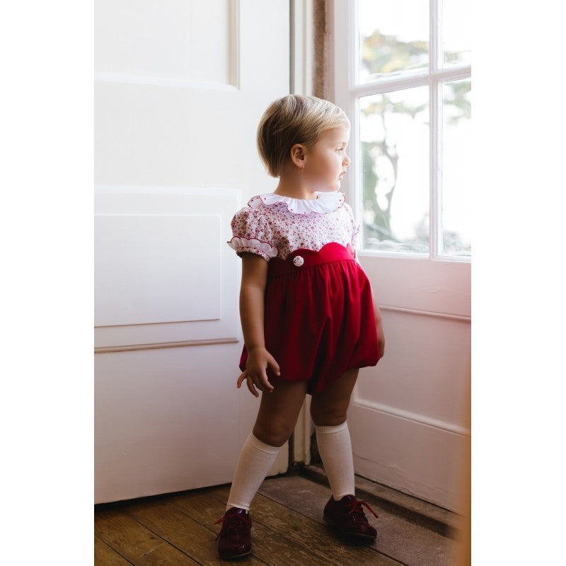 Sal & Pimenta Girls Christmas Bubble - Mrs. Claus Red Scallop with Floral Bodice