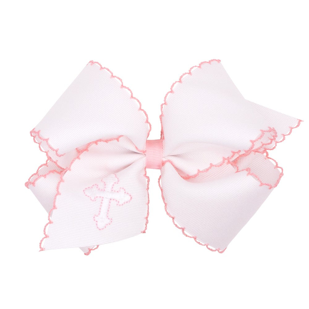 Wee Ones Girls Hair Bow on Clip - White with Pink Moonstitch - Embroidered Cross - Pink