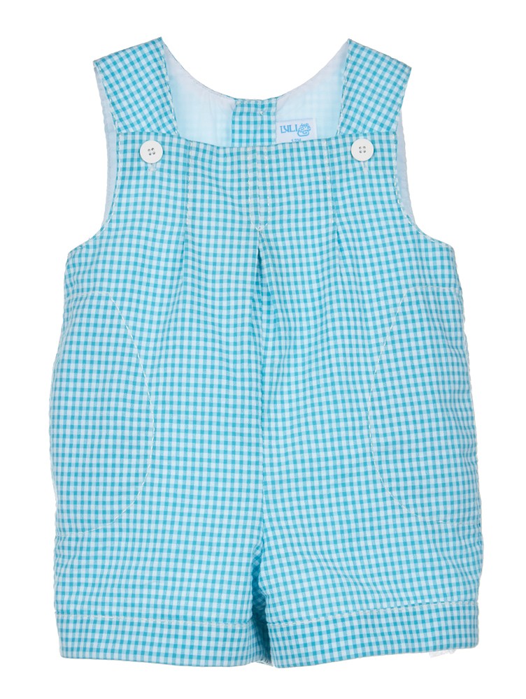 Luli & Me Baby / Toddler Boys Seersucker Check Shortall - Turquoise