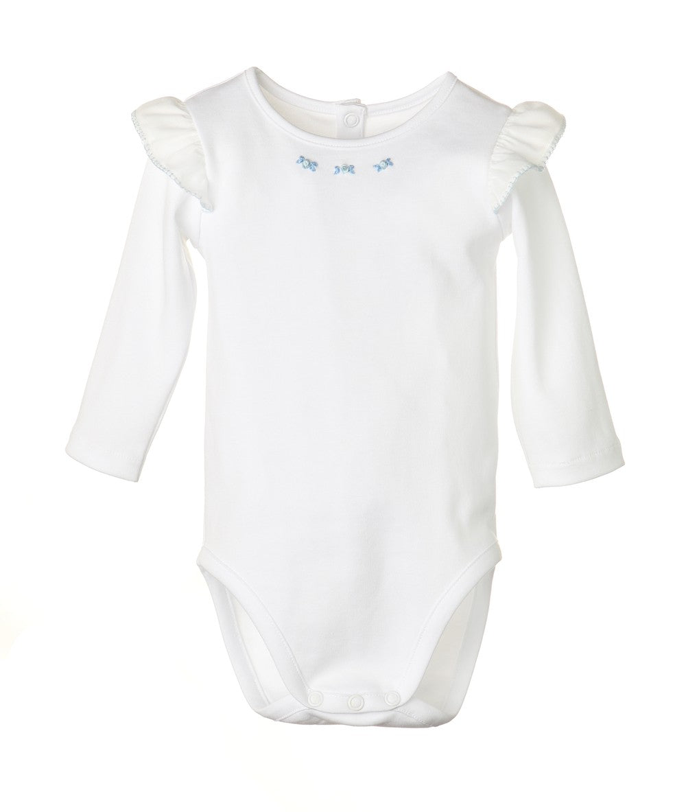 Luli & Me Baby Girls White Flutter Sleeve Onesie - Blue Embroidery