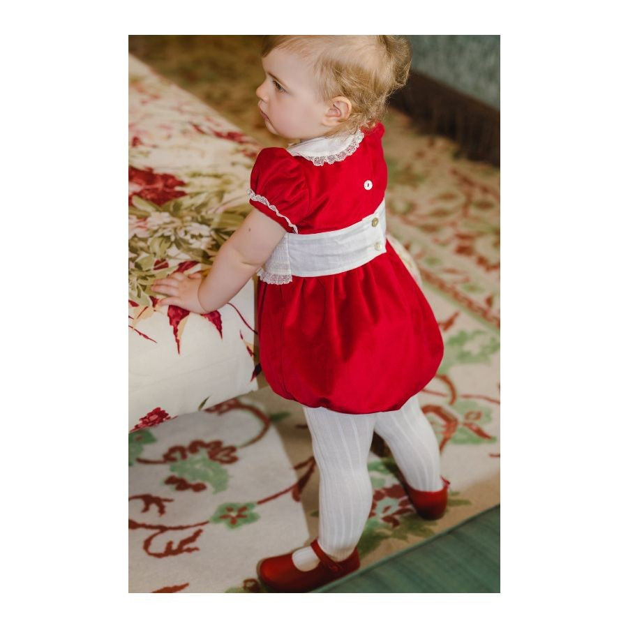Sal & Pimenta Girls Velvet Christmas Bubble with Cummerbund - Santa Red