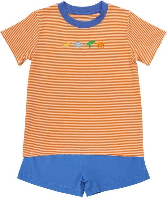 Itsy Bitsy Toddler Boys Orange Dinosaur Shirt with Blue Shorts