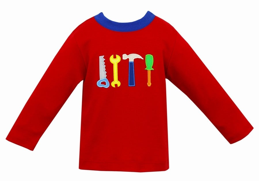 Claire & Charlie Boys Red Shirt - Applique Handyman Tools