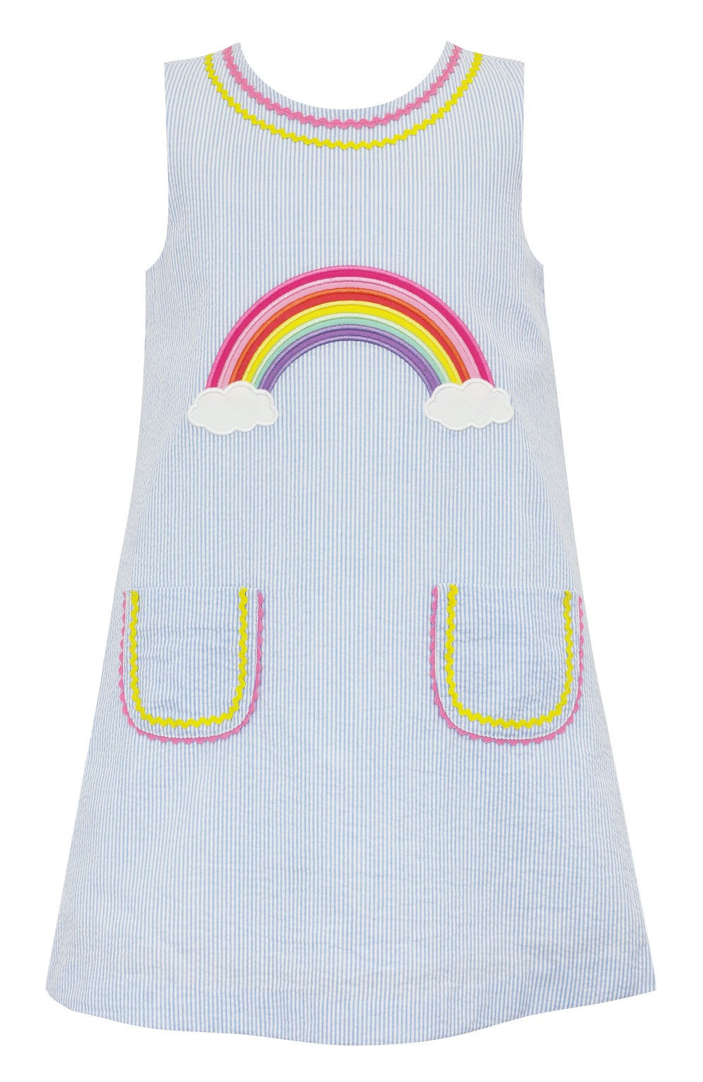 Claire & Charlie Girls Light Blue Seersucker A-Line Rainbow Dress with Pockets by Claire & Charlie