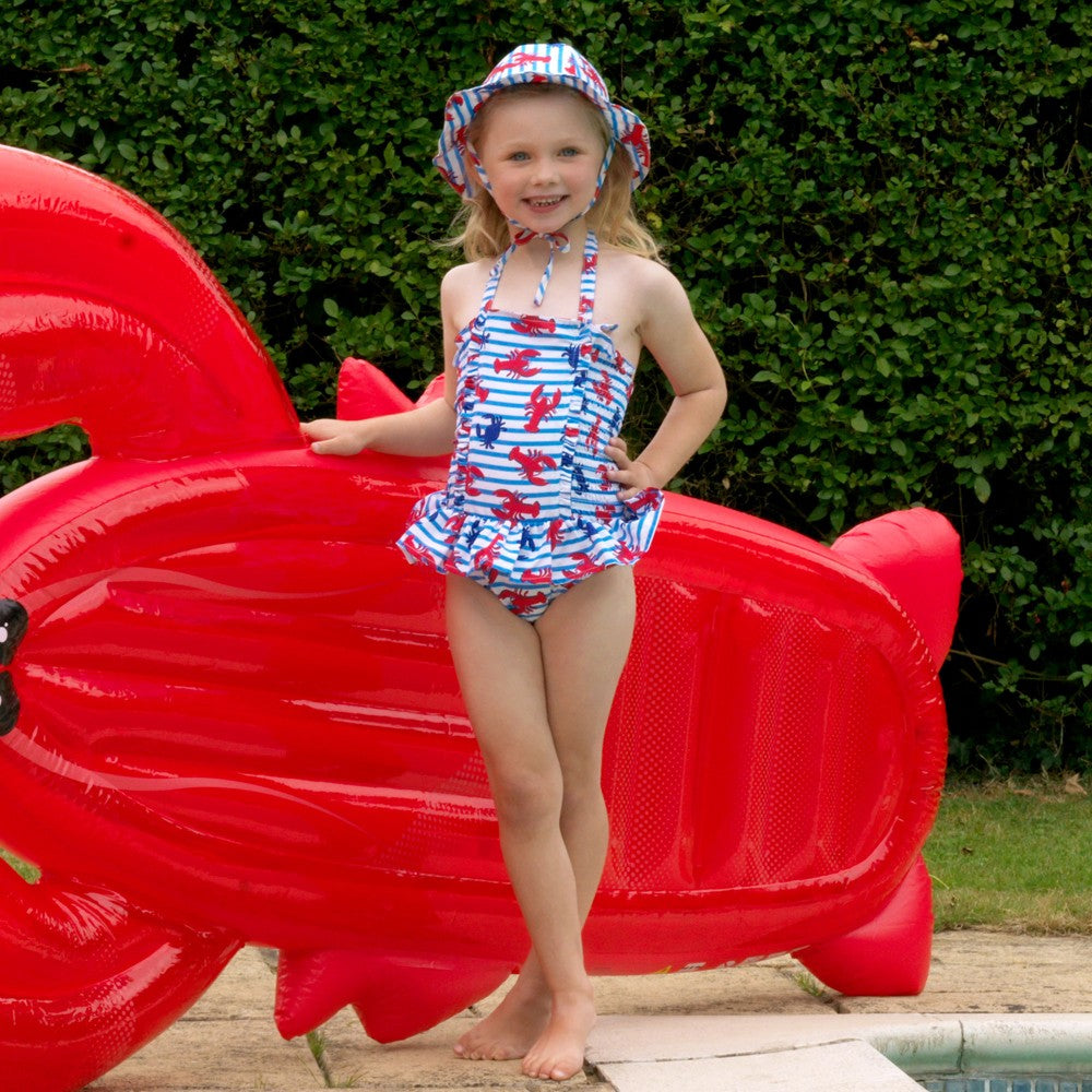 Rachel Riley Girls Blue with Red Lobsters Ruched Swimsuit