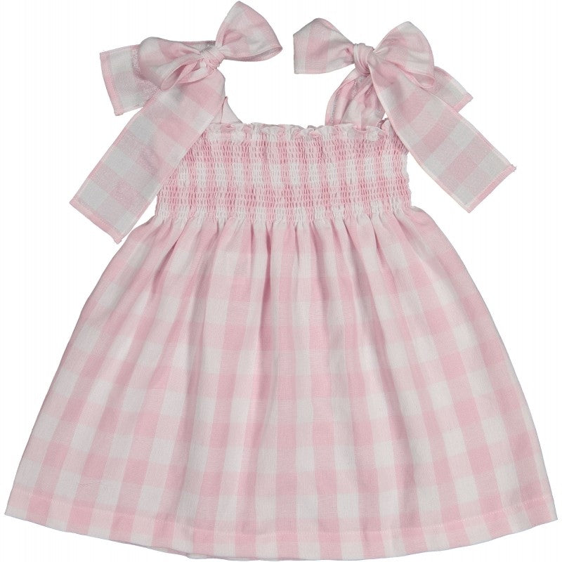 Sal & Pimenta Girls Smocked Dress with Ties - Buffalo Check - Pink