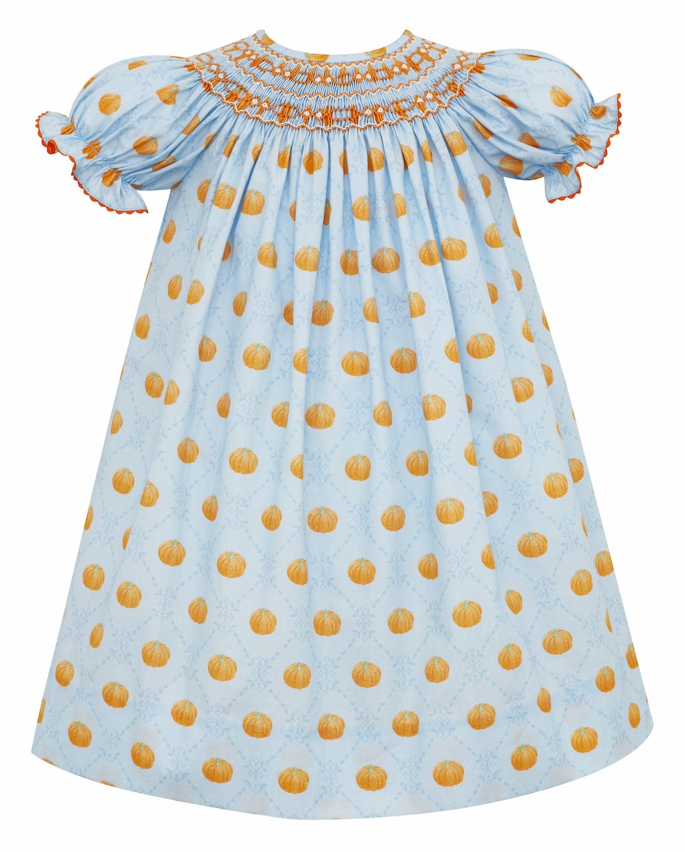 smocked pumpkin dress Anavini Couture Girls Blue / Orange Pumpkin Print Smocked Dress