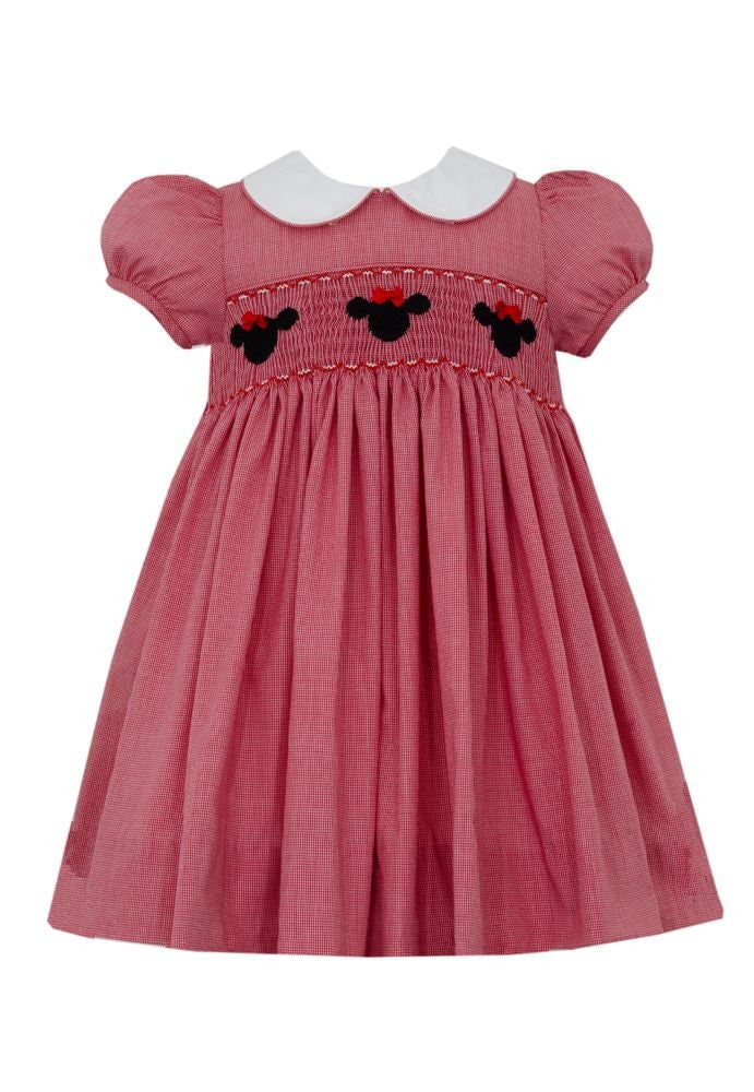 Anavini Girls Red Check Smocked Mouse Ears Dress - White Collar