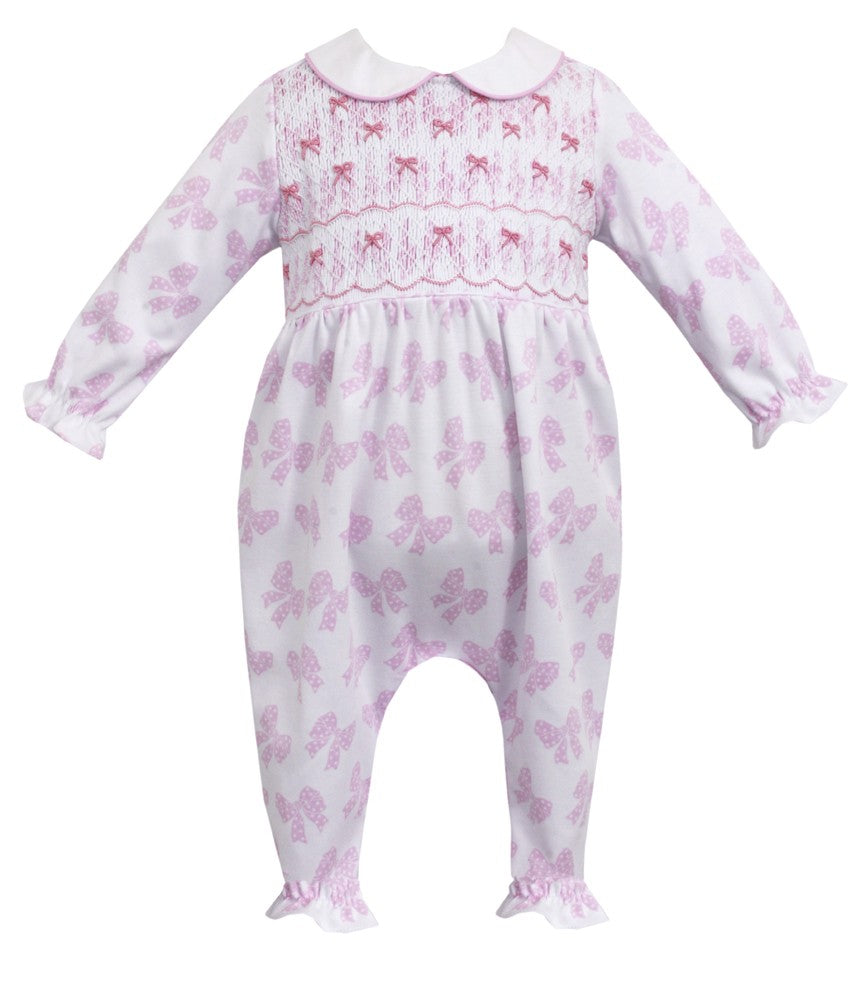 Petit Bebe Baby Girls Pink Bow Print Knit Smocked Bows Romper by Petit Bebe