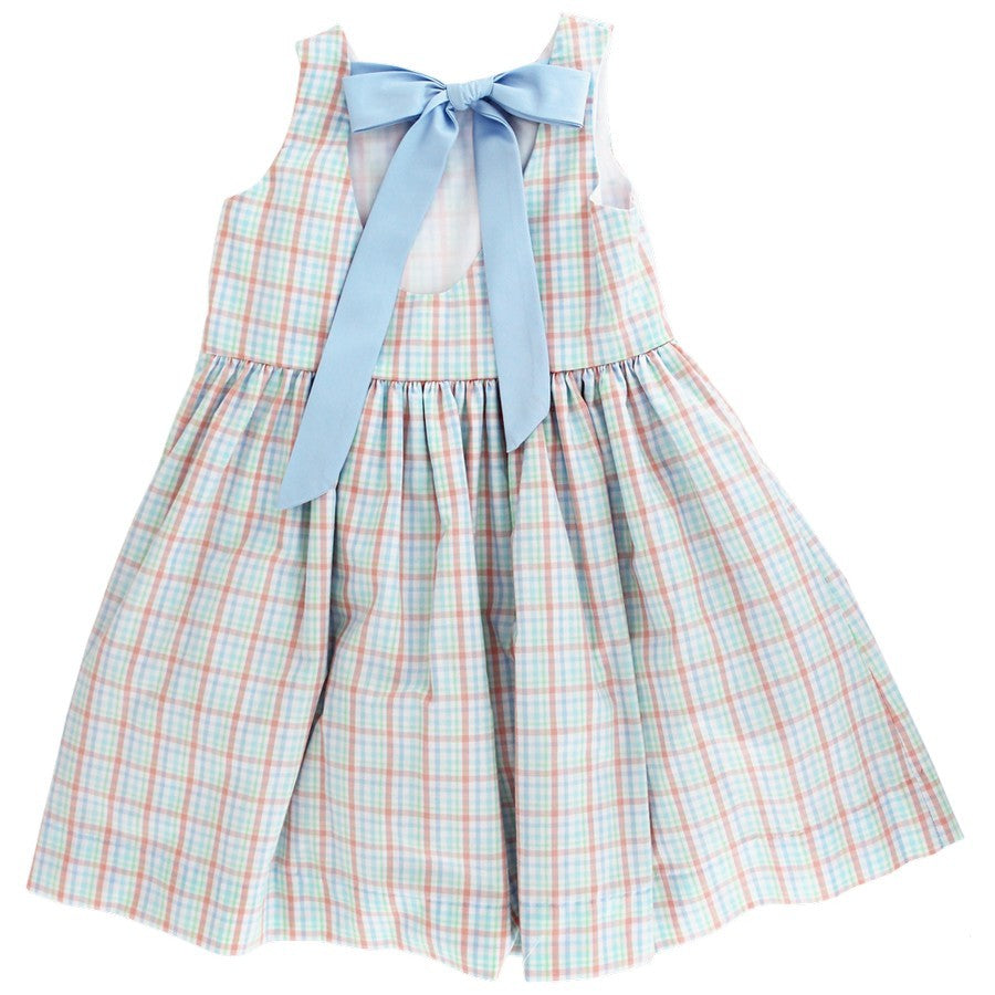 Bailey Boys Girls Dress - Citrus Plaid - Blue Bow on Back