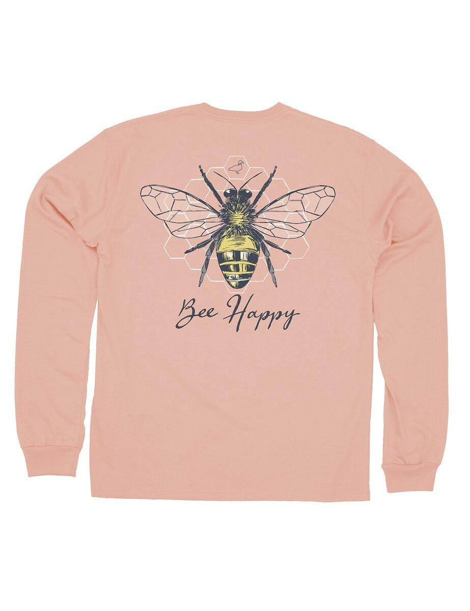 Properly Tied Tee Shirt - Logo Pocket on Front - Back Graphic - Melon Heather Bee Happy