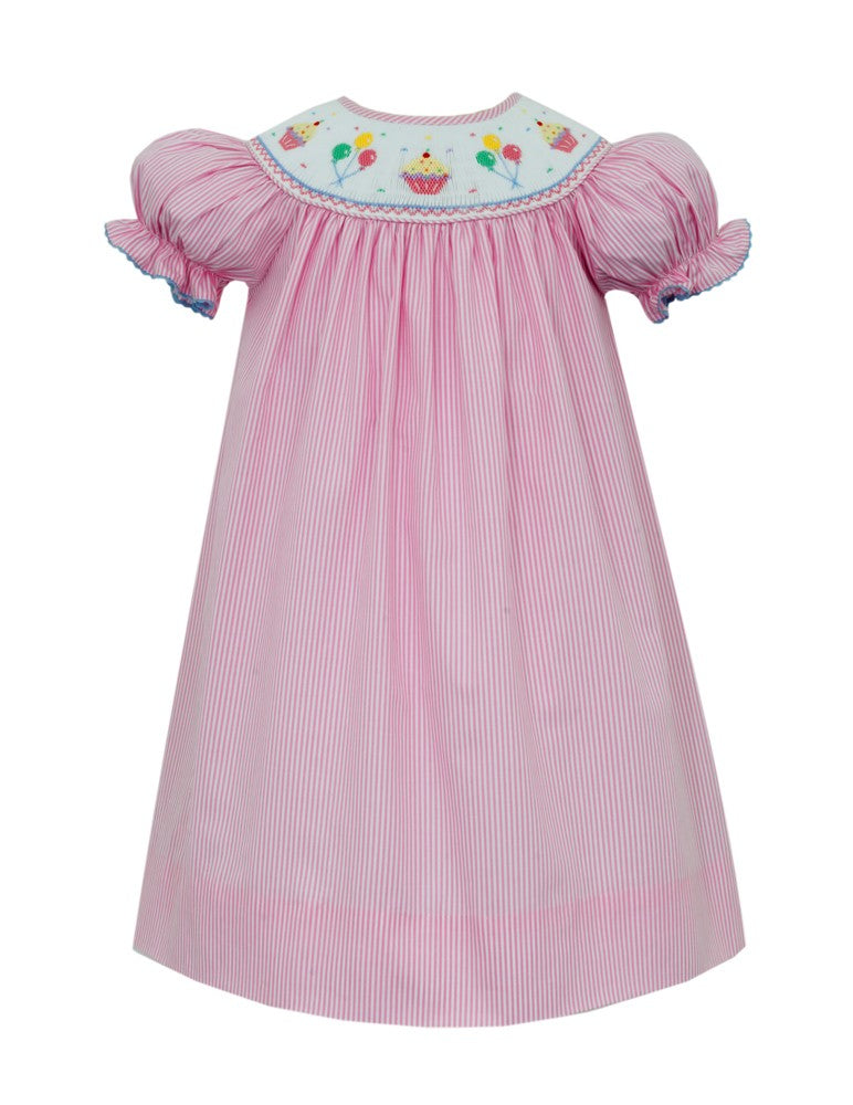 Anavini Velani Girls Pink Stripe Seersucker Smocked Birthday Dress - Bishop