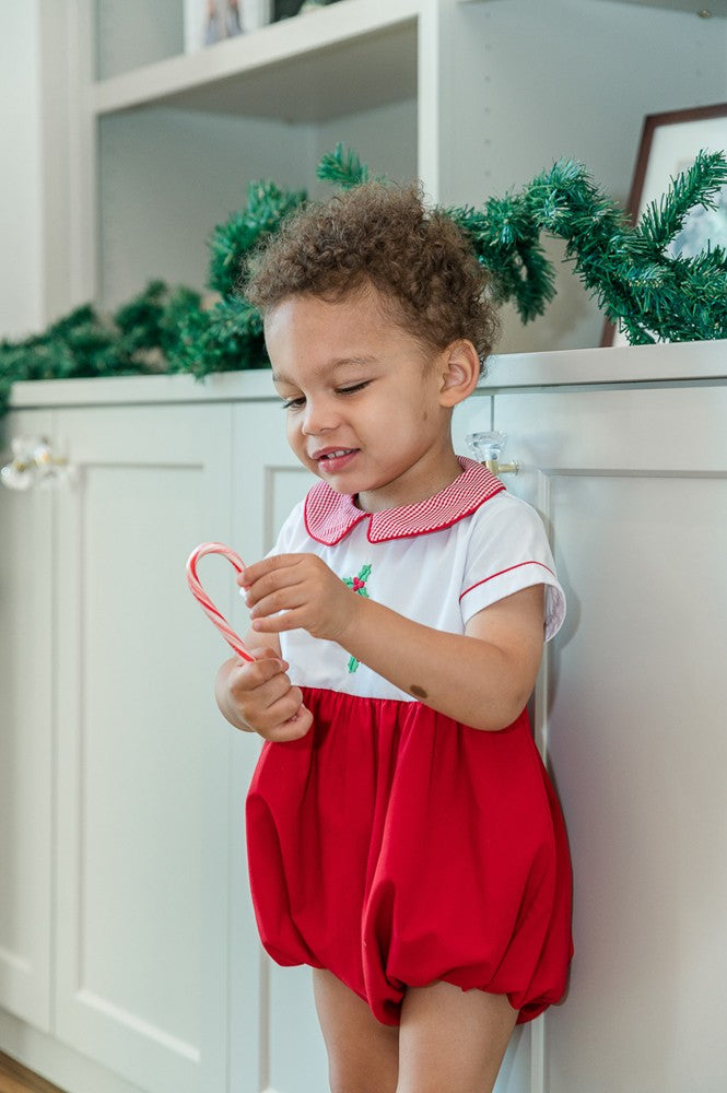 Proper Peony Baby Boys Red Holiday Holly Bubble with Gingham Collar by Proper Peony