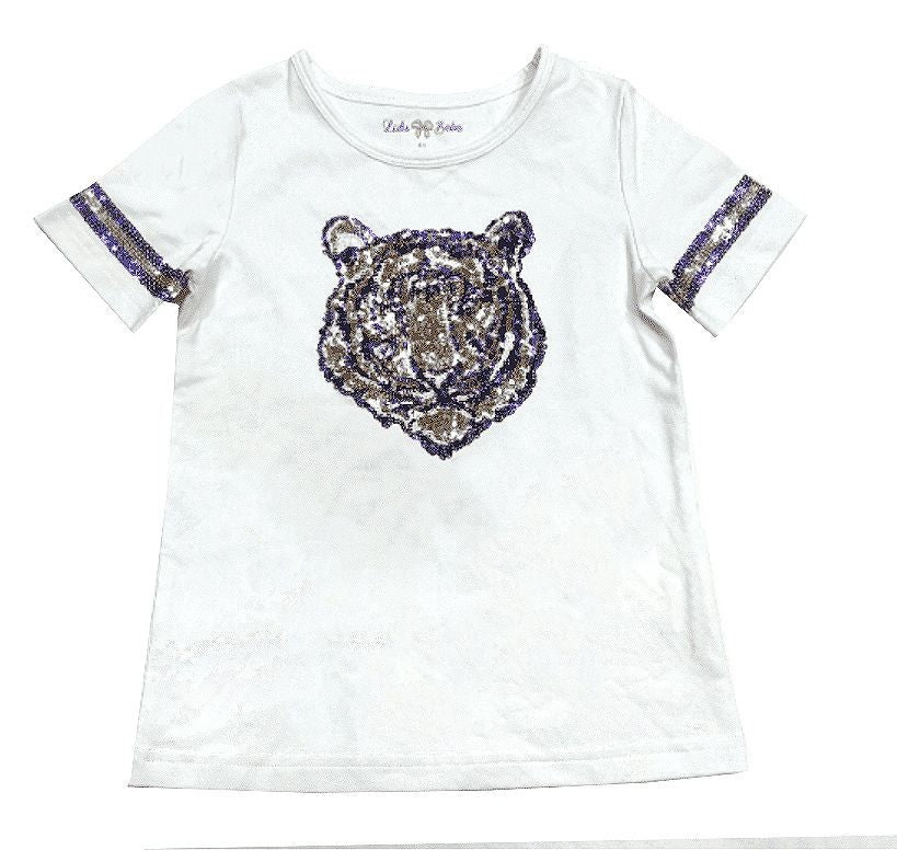 LuLu BeBe Girls White Tee Shirt - Sparkle Sequins - LSU Purple Tiger