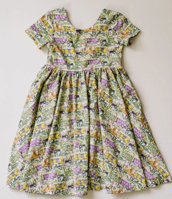 Ollie Jay Girls Classic Twirl Dress in Mardi Gras Print