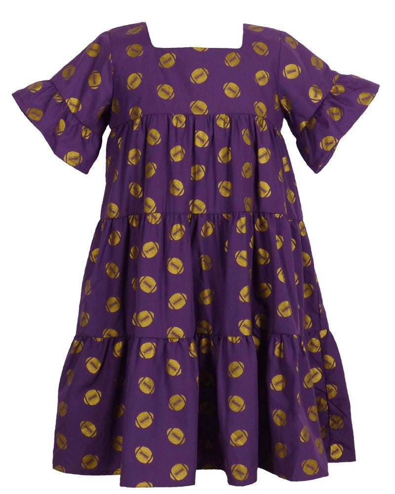 Yellow Lamb Girls Game Day Tiered Dress - Gold Footballs - Purple & Gold